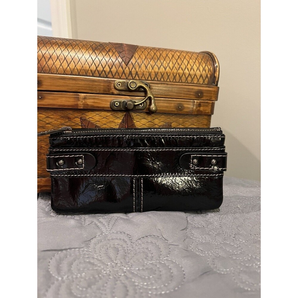 Vintage FOSSIL * Patent Leather Black mini Clutch Wallet Zip Pocket
